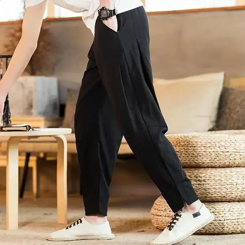 Trendy Fashion Spring Autumn Mens Solid Pocket Elastic Waist Drawstring Casual Loose Cotton Hemp Wide Leg Trousers 250225