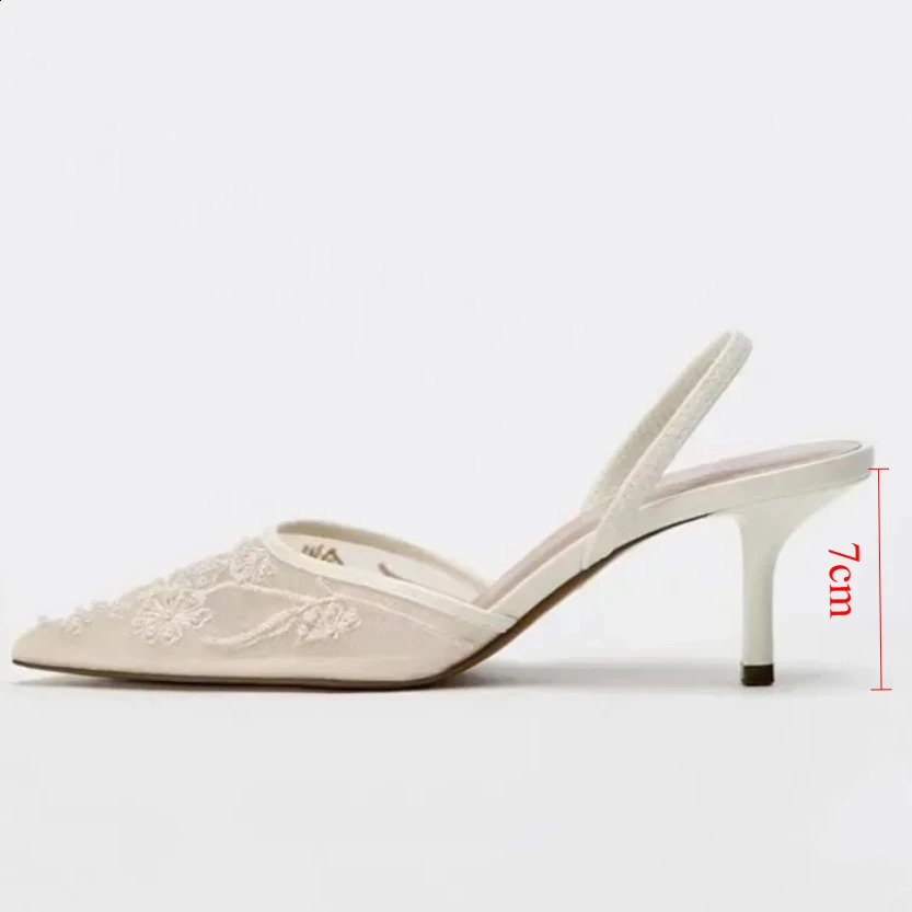 Woman Mesh Open Heel Sandals Shoes Fashion Print Pointed End Women High-heel Pumps Sexy Stiletto Lady Mules 250228
