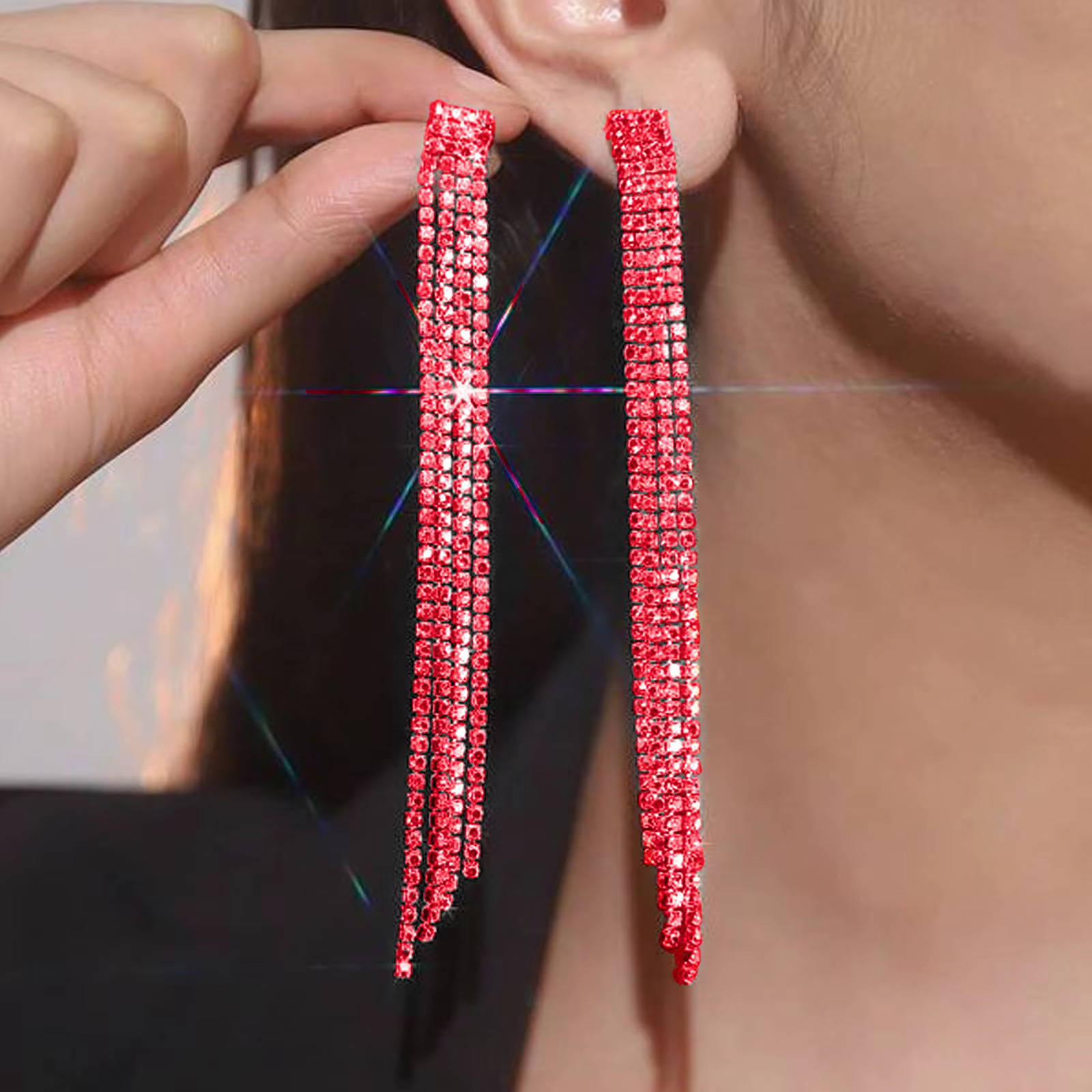 Fashion 12 Colors Crystal Dia Long Tassel Women Rhie Bridal Dangle Earrings for Party Wedding Jewelry