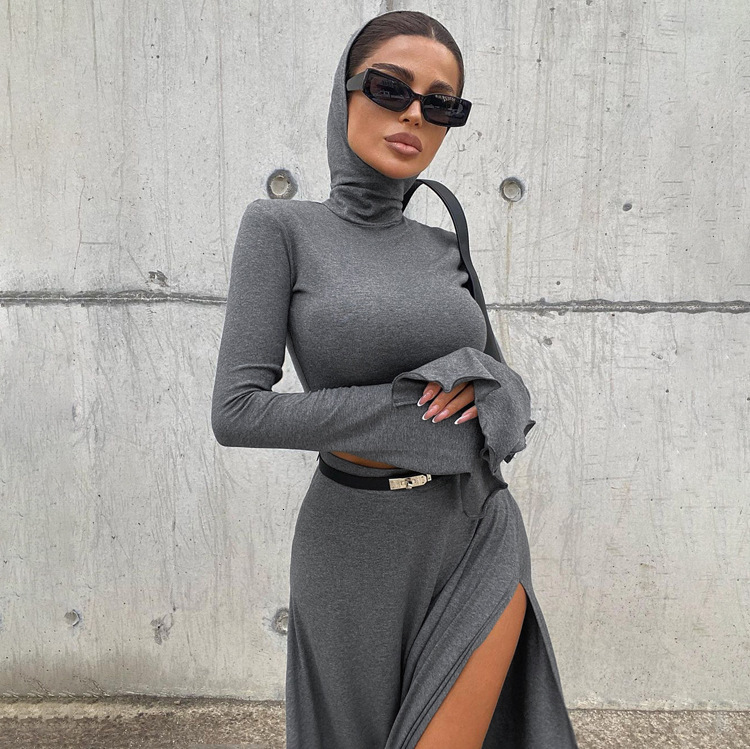 Women's Short Hooded Top With High Waist Side Slit, Unique Skirt, New4 Spring And Autumn New Two-Piece Set For Women