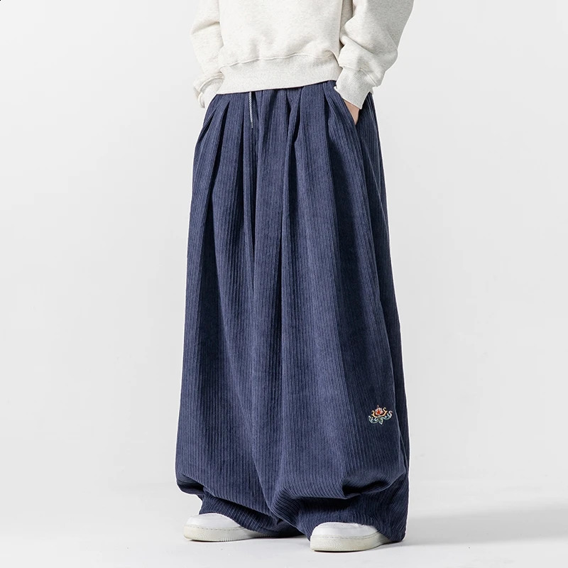 Mens Corduroy wide leg pants mens Japanese style loose and thick casual embroidered hip-hop mens streetwear pants 250228