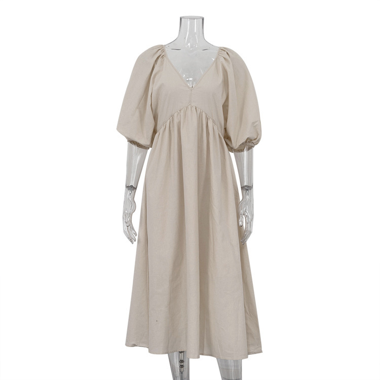 New4 Early Autumn Fashion New Cotton Solid Color Long Skirt V-Neck Five Quarter Sleeve Hollow Out Backless Casual Dress