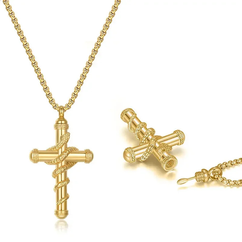 Snake Around Cross Spoon Necklace Exquisite Hollow Spoon Inside Pendant Necklace Trendy Stainless Steel Jewelry Presents 250222