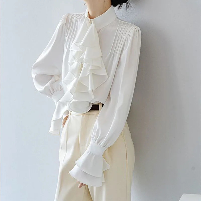 Solid Color Ruffles Long Sleeve Shirts Women Spring Vintage Elegant Patchwork Stand Collar Flare Sleeve Pleated Sweet Blouse 250225