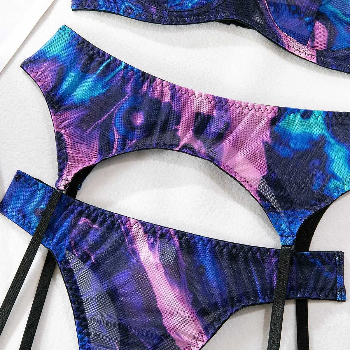 Sexy Perspective Breast Gather Printed Lingerie Set with Gloves Leg Set for Womens Five Piece Set Female Fun Bra Brief SetsXJ250301