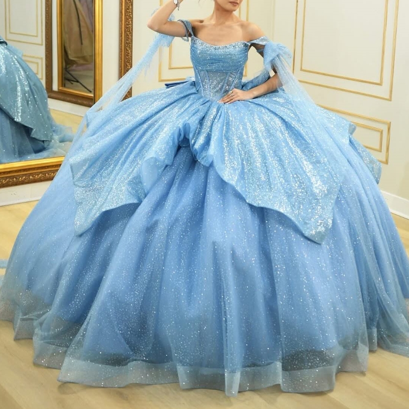 Sky Blue Shiny Quinceanera Dresses Ball Gown Off Shoulder Bow Beads Tull Corset Sweet 16 Dress Vestidos 15 De Anos