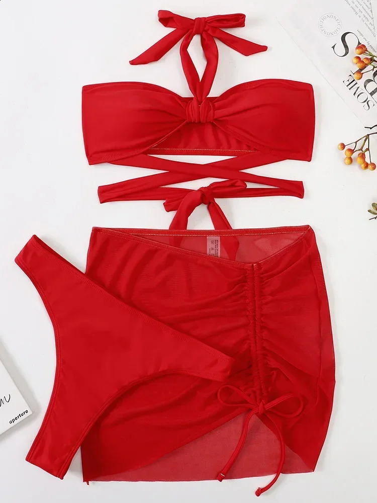 3 PCS Mesh Skirt Halter Wrap Around Bikini Female Swimsuit Women Swimwear Threepieces Set Bathing Suit Swim Beachwear 250227