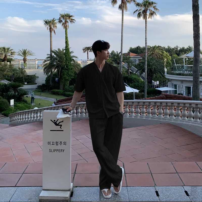 Summer Mens Loose Ice Silk Suits Fashion Casual V-neck Short Sleeve T-shirt And Pants Drape Two-piece Sets Men ClothesT250307
