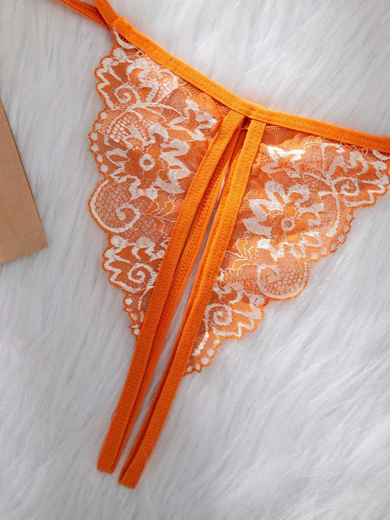 Orange lace contrast bra set womens open chest bra and thong set summer womens lingerie cute and sexy lingerie setXJ250301