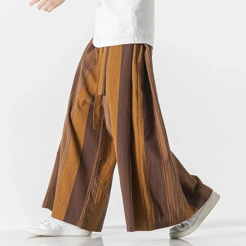 Pants Men Striped Wide Leg Cotton Linen Wide-Leg Pants Men Retro Chinese Style Male Casual s Nepal Robe Joggers Trousers 250228