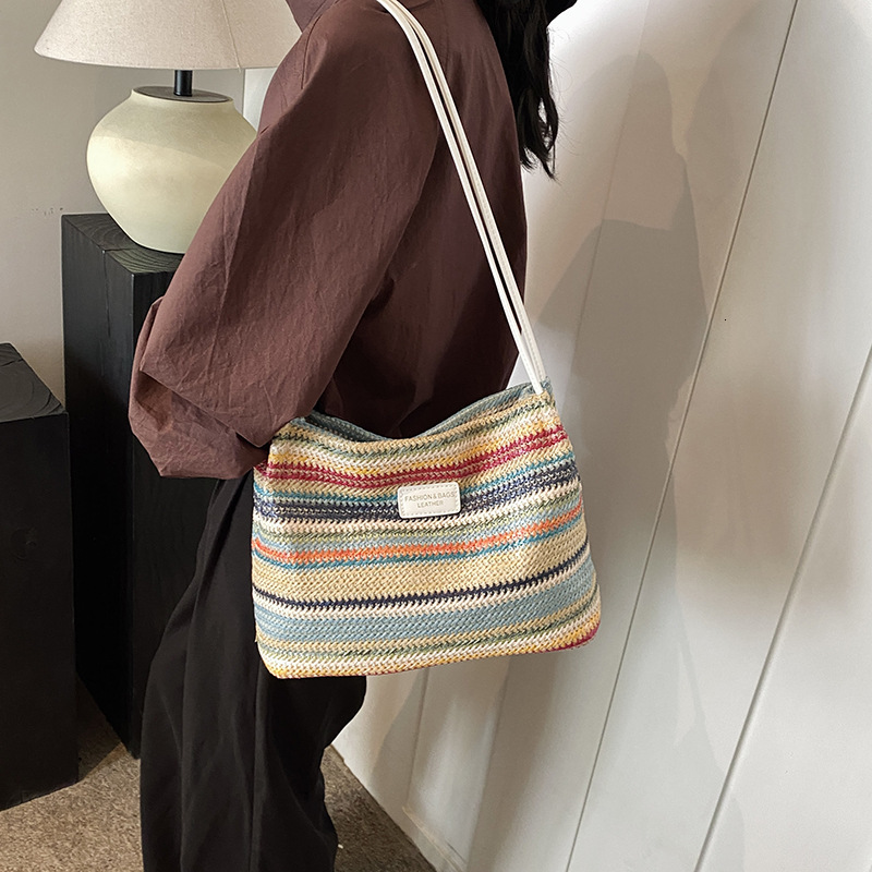 Summer Rainbow Grass Large for Women 2025 New Style Vacation Beach Woven Shoulder Commuter Tote Bag #swissmilitary