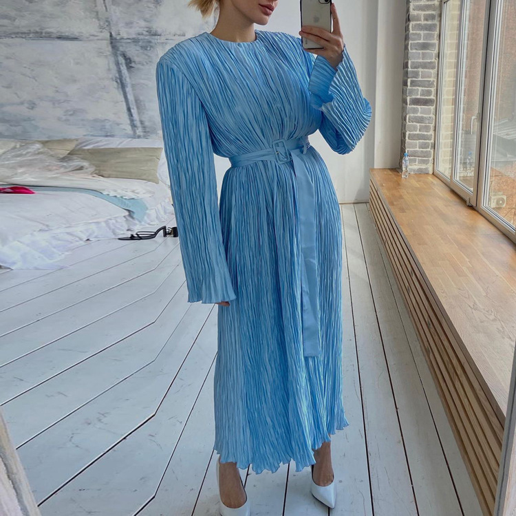 Women's New2 New Sleeved Waistband Pleated Temperament Commuting High Grade Relaxed Long Dress