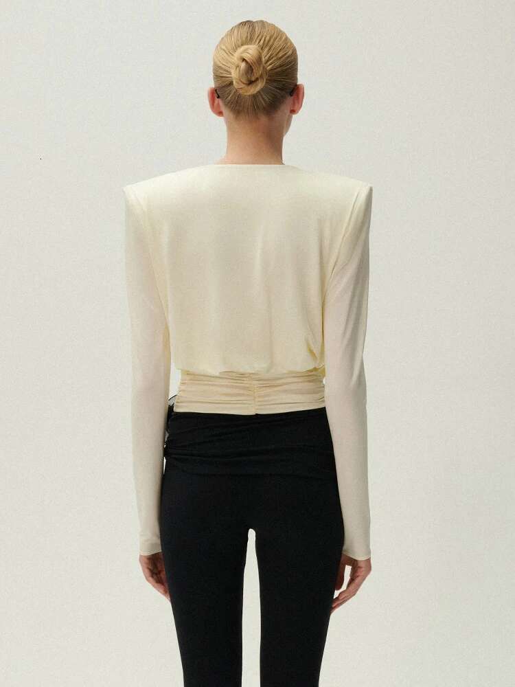 Solid Patchwork Folds Casual Blouses For Women Swinging Collar Long Sleeve Minimalist Slimming Pullover Blouse Female New