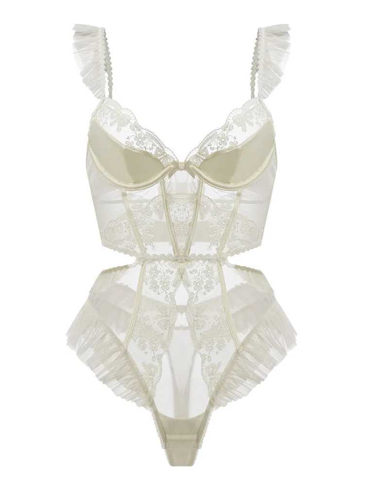 Sexy lace one-piece sling sleepwear French cut pleated strapless lingerie set bra lingerieXJ250301