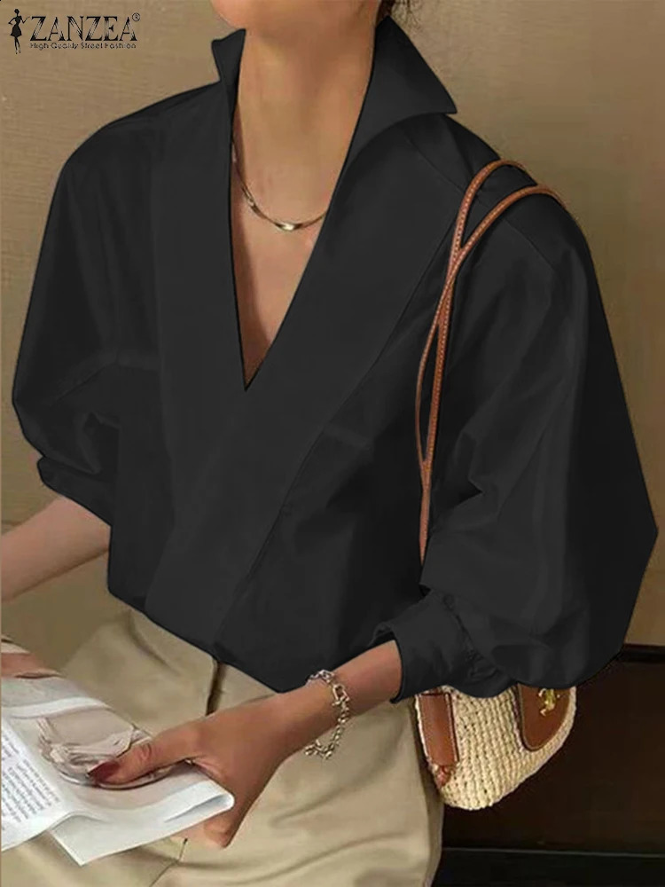 ZANZEA Spring Women Blouse Shirt Chic Sexy Stand Deep V Neck Puff Sleeve Tunic Tops Fashion Lapel Office OL White Blouses 250225