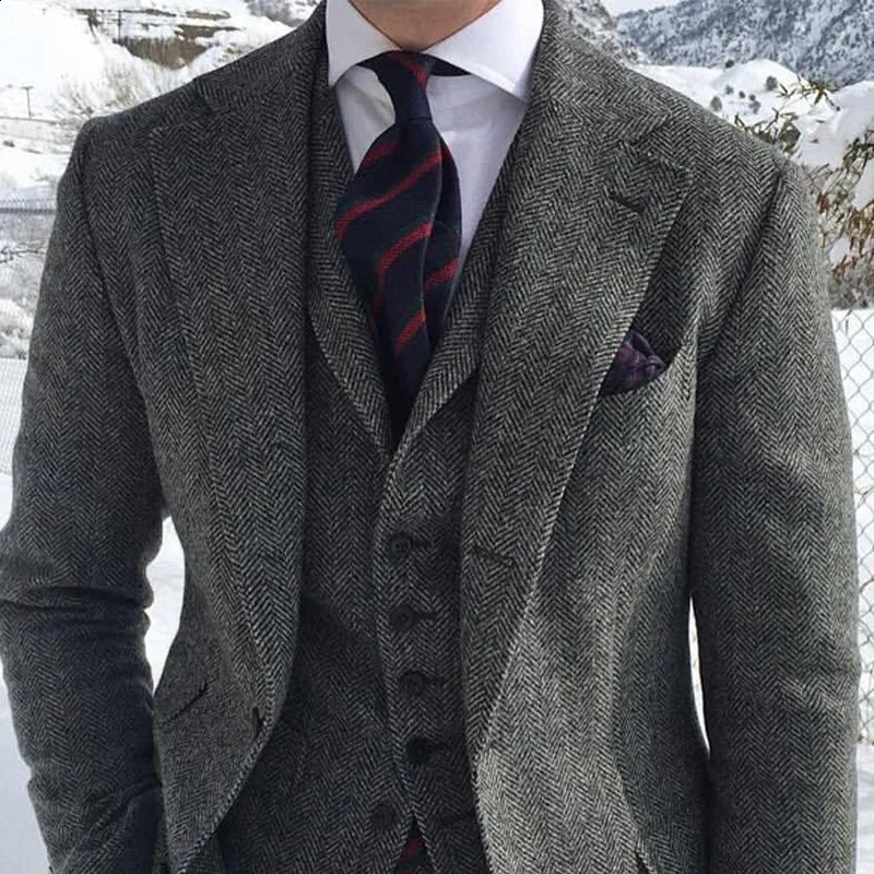 Grey Wool Tweed Winter Men Suits For Wedding Formal Groom Tuxedo Herringbone Male Fashion 3 Piece JacketVestPantsTie 250224