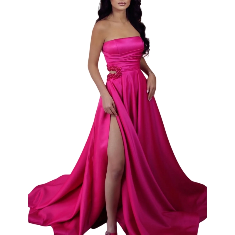 Stylish Strapless Fuchsia Prom Dresses Pearls Beaded Side High Slit Sexy Pageant Party Dress Long Satin A-Line Evening Gown 2025