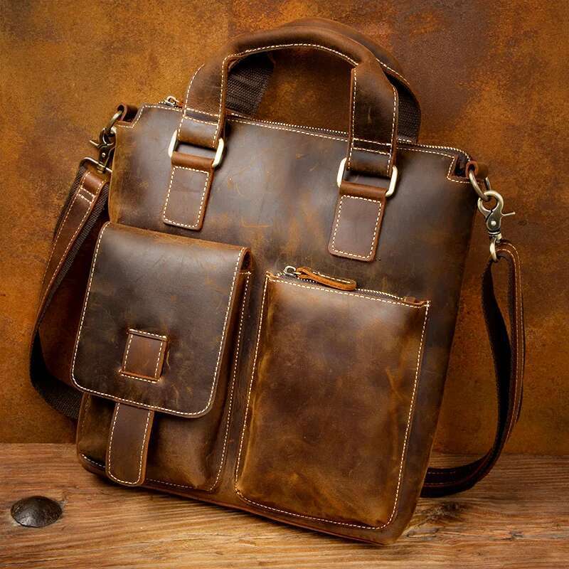 Crazy Horse Handbag Men's Casual Leather Briefcase Retro Handmade Shoulder Crossbody Bag