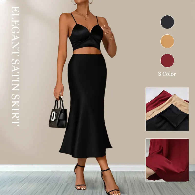 Satin Skirts for Women Korean Style Champagne Office High Waist A-line Skort Fashion Elegant Solid Long Pencil Skirt Silk Like 250224