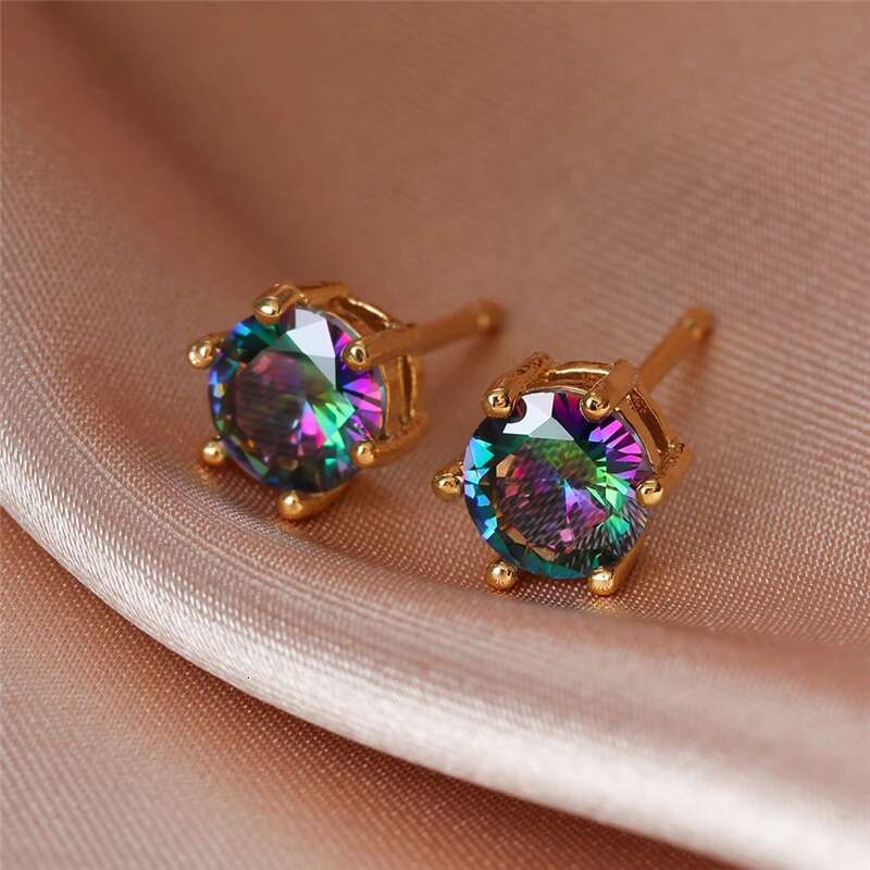 Punk Male Female Rainbow Crystal Stud Earrings Black Gold Sier Color Wedding Jewelry For Women Men Charm Round Zircon Earring