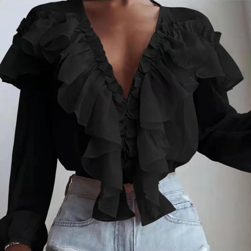 Spring Autumn Elegant Ruffles Women Shirts Top Casual V Neck Long Sleeve Loose Female Solid Chiffon Blouses For Women Blouse 250225