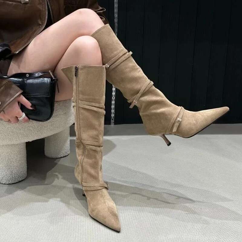 Leisure Mid Calf Winter Zip Pointed Toe Ck Shoes For Women Thin High Heels Solid Modern Boots Atos