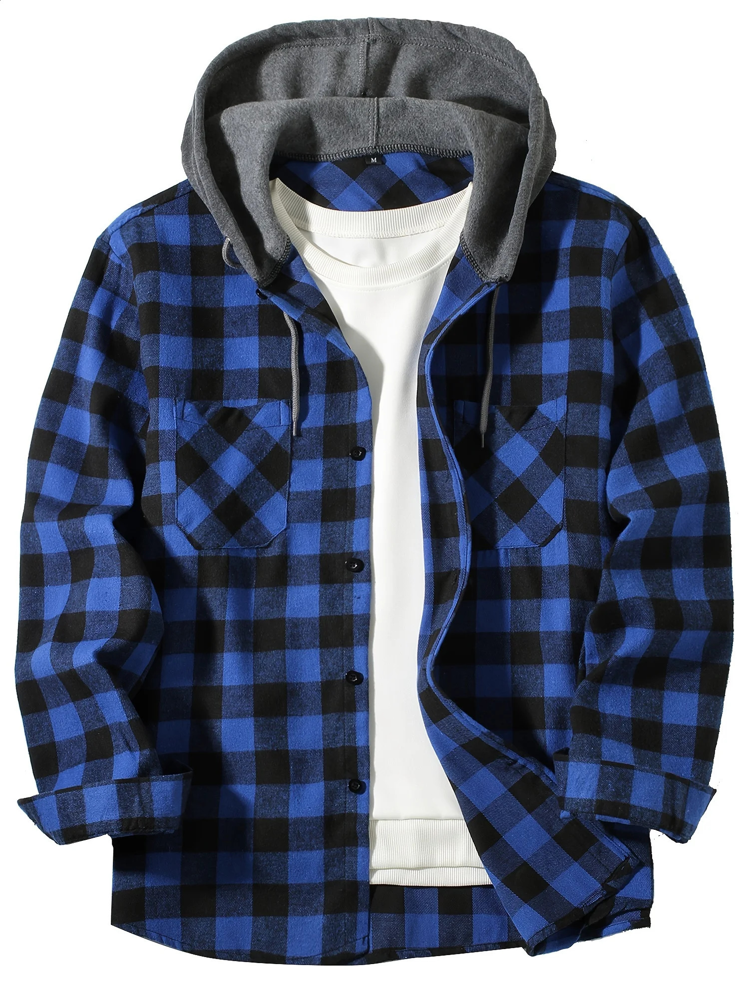 Coat Spring and Autumn Mens Loose Plaid Hooded Shirt Large Size Fashion Casual Long sleeved Street StyleS3XL 250226