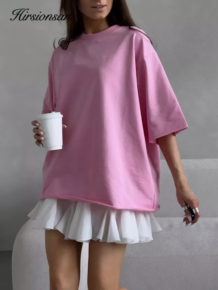 Hirsionsan Summer Casual Oversized T-shirts Women 100% Cotton Pink Loose Tees Cusual Solid O Neck Female Aesthetic Tops 250225