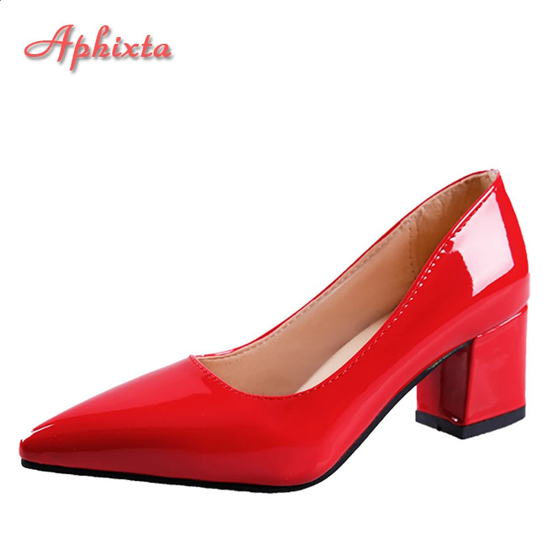 Aphixta 5cm Square Heels Patent Leather Red Pumps Shoes Woman Classics Pointed Toe Dress Official Pumps Party Plus Size 49 50 250228