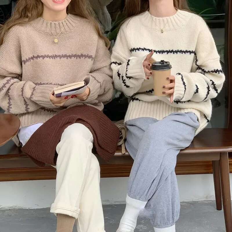 Beige Stripe Baggy Sweater Women Pullover Streetwear Long Sleeve Tops Female Jumper Autumn Winter Loose Knitted Sweaters