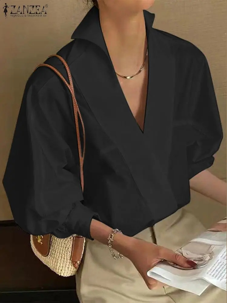 ZANZEA Fashion Womens Office Shirt Spring Collar OL White Blue Chic Sexy Upright Deep V-neck Puff Sleeve Tuned Top 250225