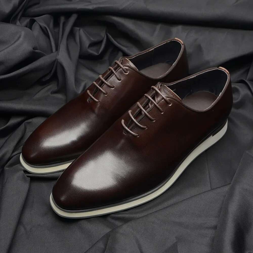Handmade Genuine Cowhide Leather Casual Oxfords Mens Dress Shoes Whole-Cut Plain Toe Lace-Up Soft Flat Sneakers For Men