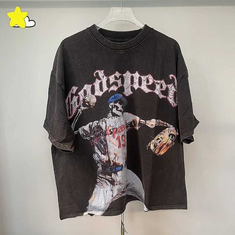 Men's T-Shirts Best Quality Cotton Oversized Godspeed T Shirts Vintage Washed Black Tee Tops Baseball Skeleton Digital Print God Speed T-Shirt J250301