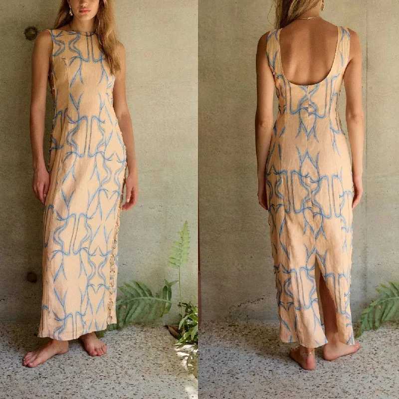 Basic Casual Dresses Elegant womens printed cotton linen sleeveless sexy decorative iron ring dress summer fashion round neck casual long skirt J25030