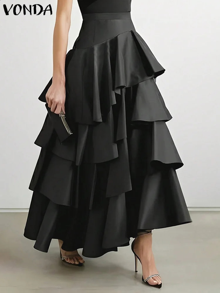 VONDA Plus Size Women Ruffled Hem Skirt Street High Waist Fashion Multi Layered Party Long Maxi Skirts Elegant Swing Bottom 250224