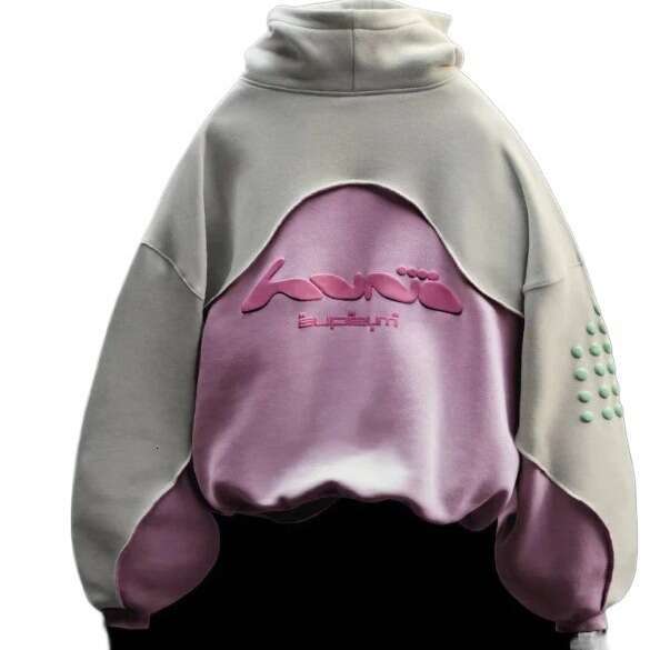 American college style letter foam printed spliced contrasting color unisex hooded sweatshirt