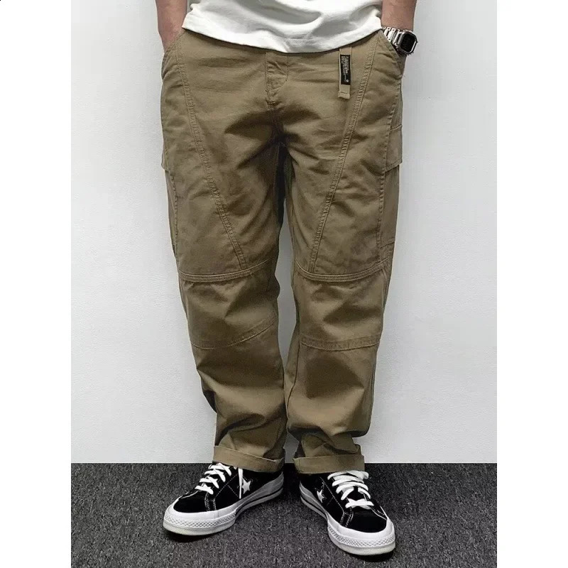 Spring Mens Pants Multi-Pocket Cargo Pants Vintage Solid Color Simple Loose-Fit Casual Pants 250228