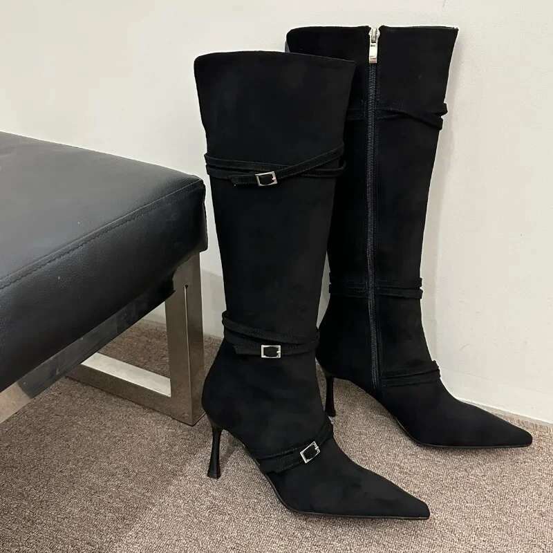 Leisure Mid Calf Winter Zip Pointed Toe Ck Shoes For Women Thin High Heels Solid Modern Boots Atos