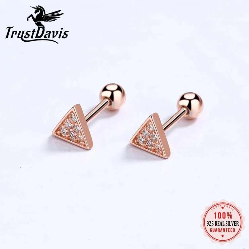 Truavis Real Sterg Sier Triangle Round CZ Screw Stud Earrings For Women Children Girls Minimalist Jewelry DA2445