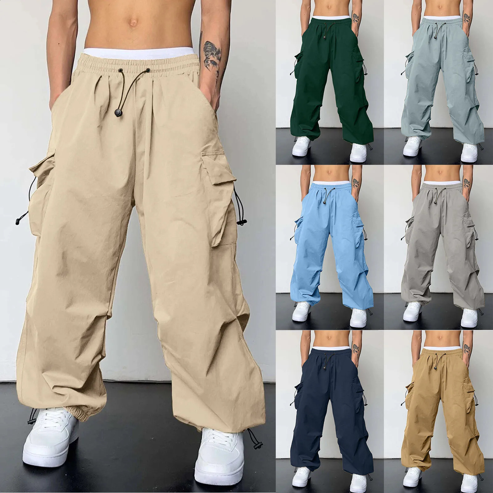 Streetwear Mens Pants Plus Size Solid Colorhip Hop Baggy Joggers Pants Elastic Waistband Summer Straight Trousers Y2k Clothing 250228