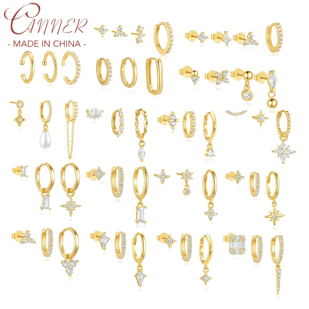 CANNER 1 Set 925 Silver Eight Pointed Star Petal Square Brick Earring Set For Women 18K Gold Detachable Pendant Ins Fine Jewelry 250228