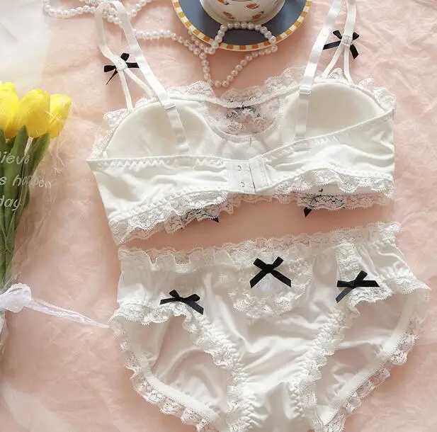 Lolita pure desire white cute my melody brassiere wind lolita maid lace underwear Japanese girl no steel ring bra and panty setXJ250301