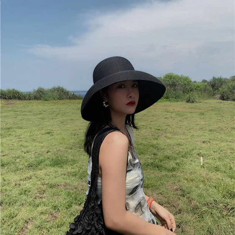 Female Summer womens hat Hepburn Style Vintage n Wide side Straw Hat Solid Color Beach Holiday Beach Hat Big Sun Hat 250227