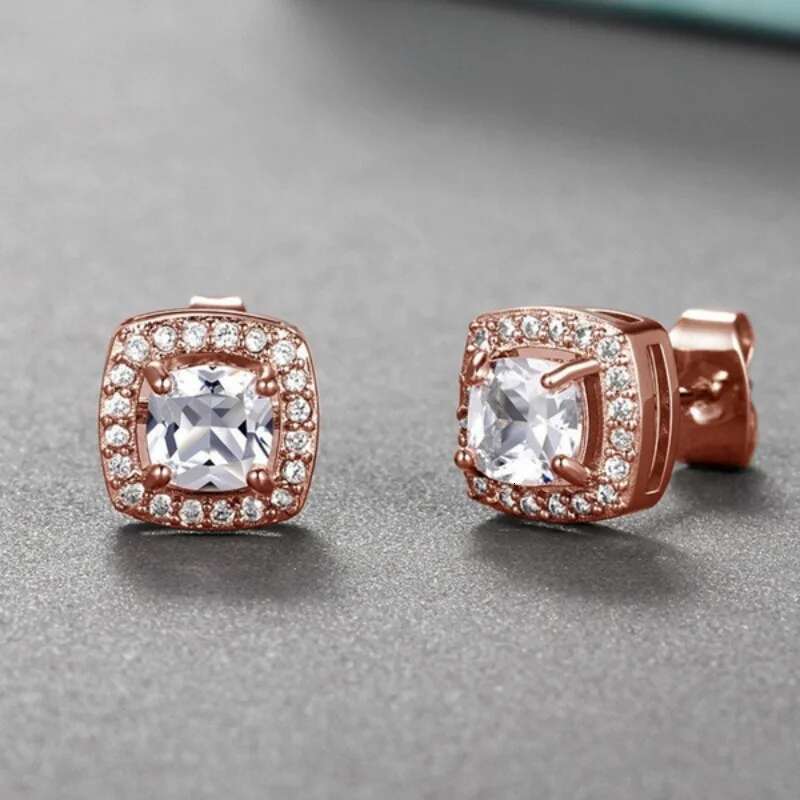Charm Square Round Stud White Green Blue Stone Sier Rose Gold Color Earrings Women Jewelry