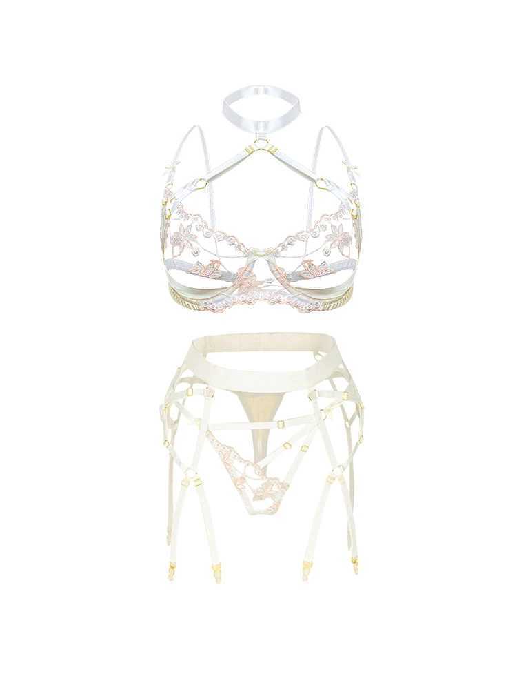 Fashion Print Embroidery Porno Underwear Sets Spliced Backless Lingerie Sexuality Sheer Vintage Lace 3 Pieces SuitXJ250301