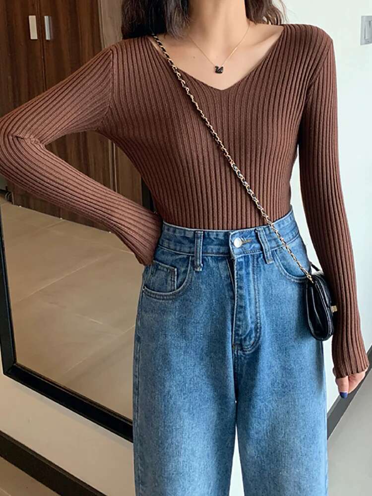 2024 Basic B-neck Solid Autumn Winter Pullover Women Female Knitted Ribbed Slim Long Sleeve Badycon High Quality Sweater