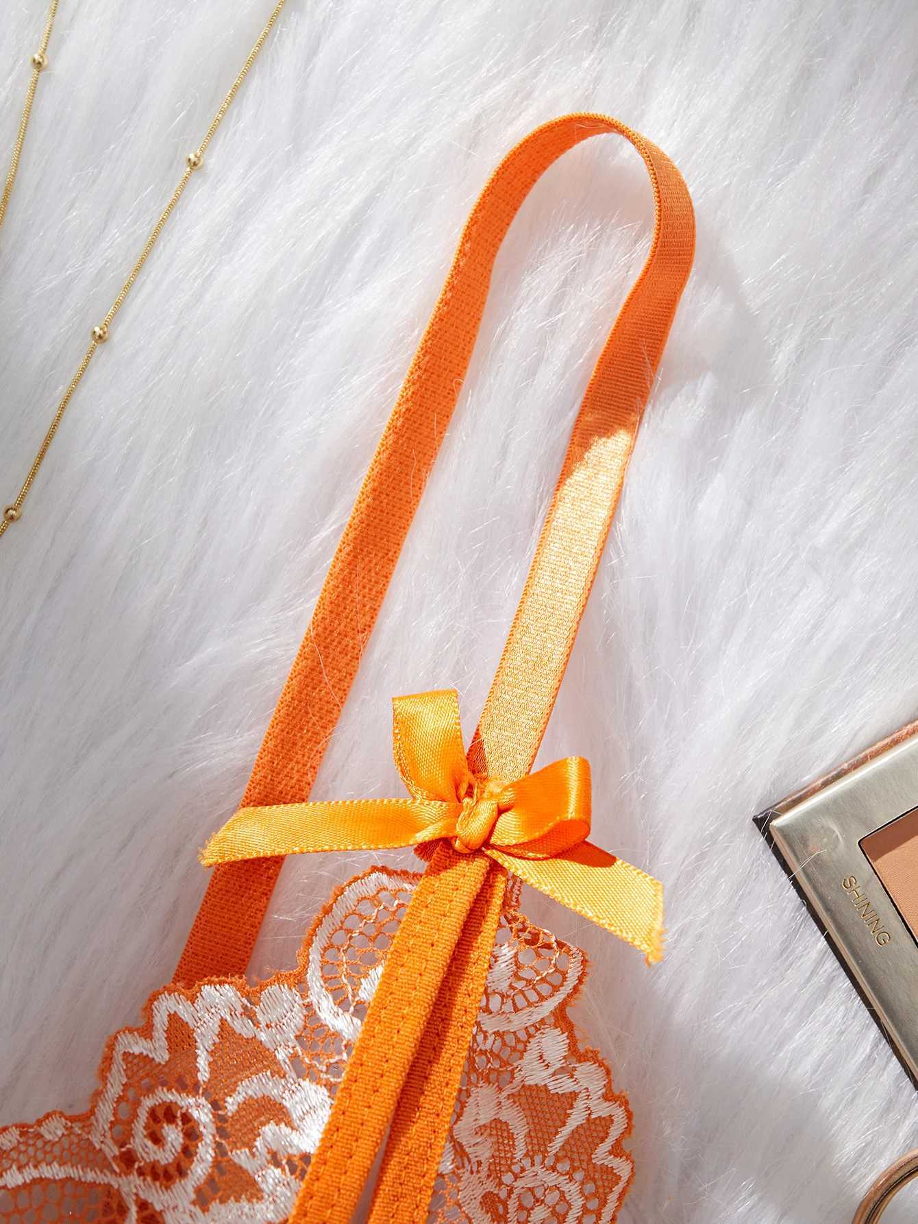 Orange lace contrast bra set womens open chest bra and thong set summer womens lingerie cute and sexy lingerie setXJ250301