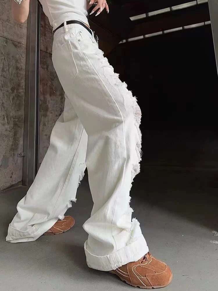 ADAgirl White Ripped Baggy Jeans Women Hole Wide Leg Straight Denim Pants Hip Hop Summer Slouchy Trousers Loose Causal Korean 250225