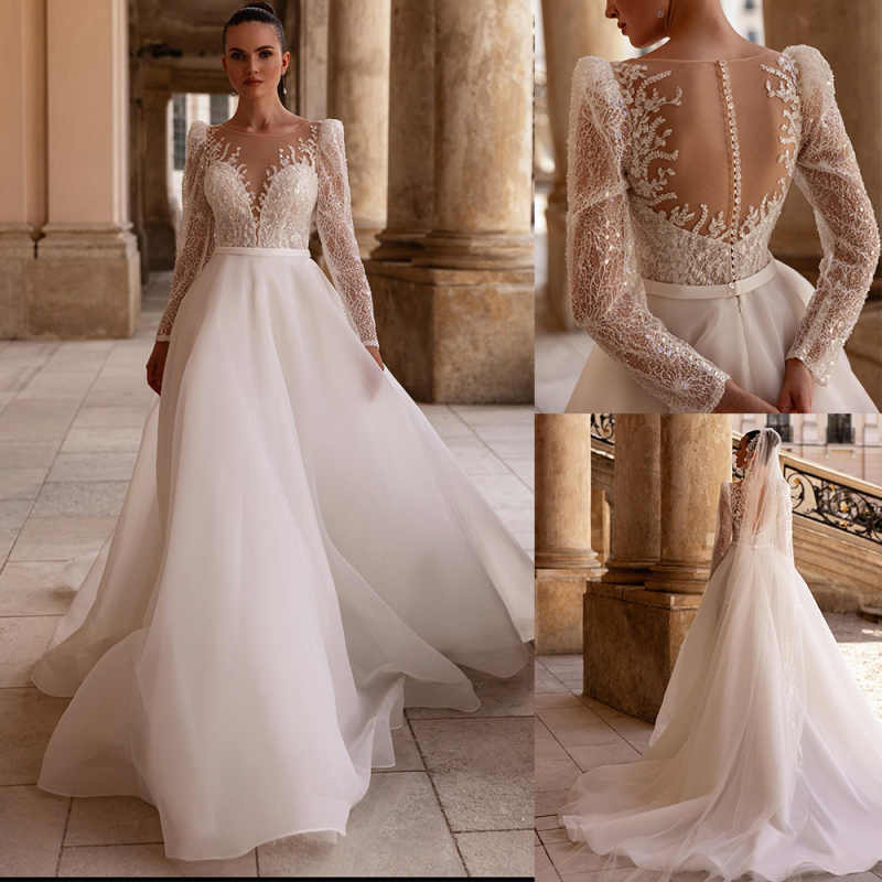 Elegant A Line Wedding Dresses Strapless Long Sleeves Lace Appliques Lace Bridal Gowns Lace Up Special Occasion Sweep Train Vestido de novia