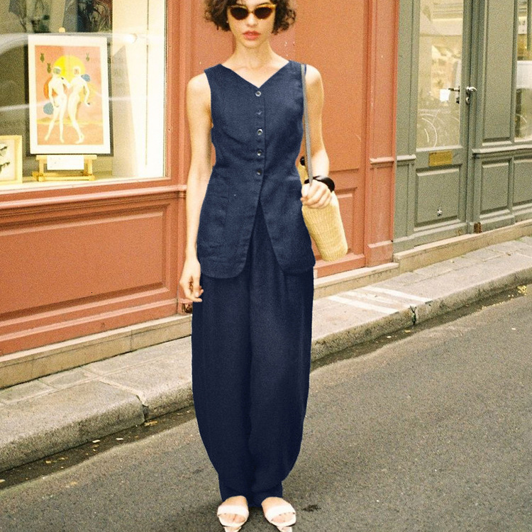 Tibetan Blue Sleeveless Vest Pants For New4 Summer Fashion New Style, Waist And Tank Top, Slimming Two Piece Set